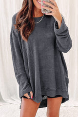 Khaki Plain Waffle Knit Drop Sleeve Side Slits Oversized Top