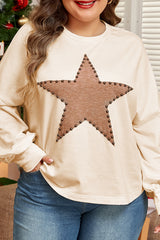 Beige Star Pattern Studded Crew Neck Plus Size Top