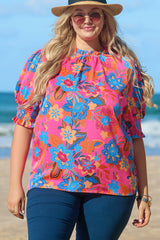 Rose Plus Size Floral Print Frill Neck Smocked Puff Sleeve Blouse