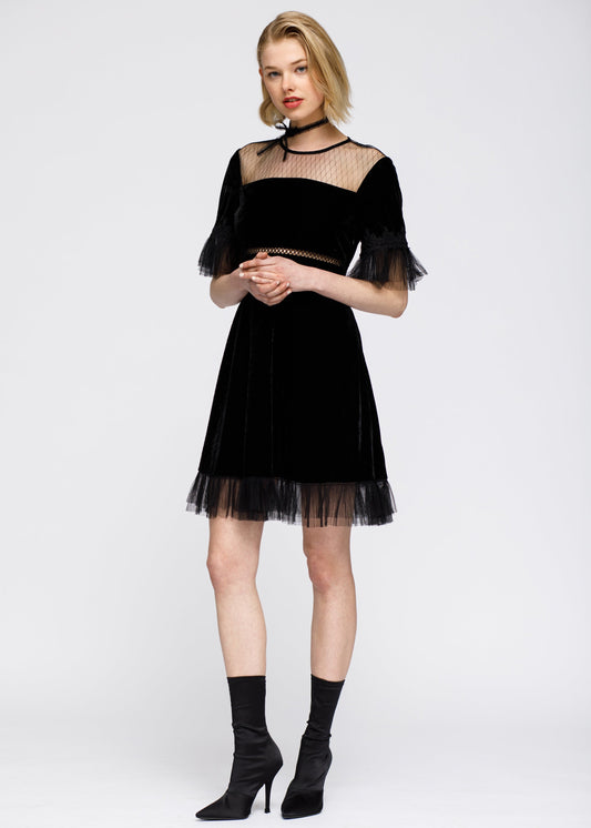 Women's Mesh Contrast Velvet Dress In Black