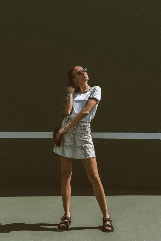 Ambre White T-shirt with Tweed Detailing