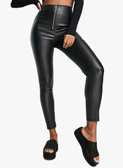 Black Coated Exposed Zip Skinny Trousers