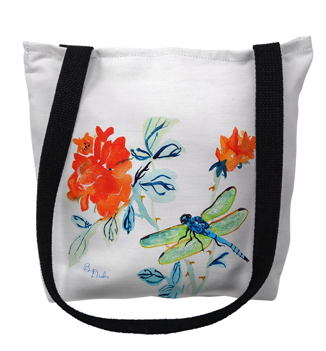 Betsydrake TY1046G 18 x 18 in. Dragonfly & Red Flower Tote Bag - Large