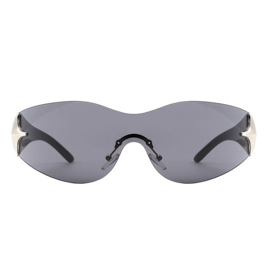 Spark - Sleek Rimless Double Star Fashion Shield Sunglasses