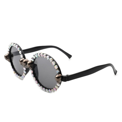 Aerion - Retro Round Gothic Rhinestone Skull Party Sunglasses