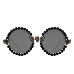 Aerion - Retro Round Gothic Rhinestone Skull Party Sunglasses