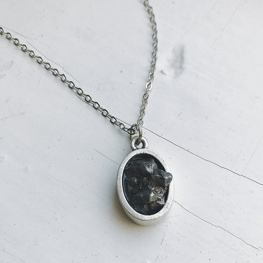 Oval Raw Meteorite Pendant Necklace in Matte Brushed Silver