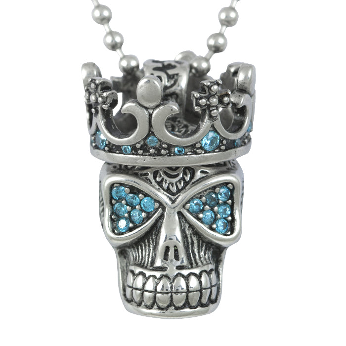 Blue Fire Skull with Crown Necklace