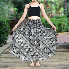 Bohotusk Black Elephant Print Long Skirt With Coconut Buckle (&