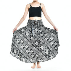 Bohotusk Black Elephant Print Long Skirt With Coconut Buckle (&