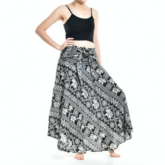 Bohotusk Black Elephant Print Long Skirt With Coconut Buckle (&