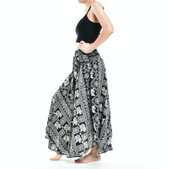 Bohotusk Black Elephant Print Long Skirt With Coconut Buckle (&