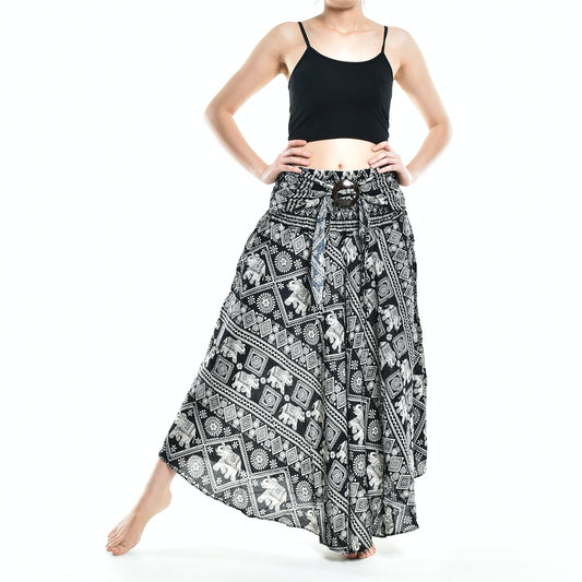 Bohotusk Black Elephant Print Long Skirt With Coconut Buckle (&