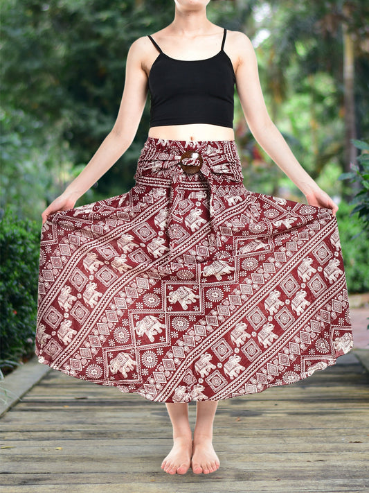 Bohotusk Red Elephant Print Long Skirt With Coconut Buckle (&