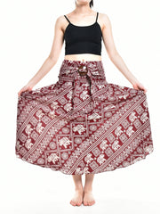 Bohotusk Red Elephant Print Long Skirt With Coconut Buckle (&