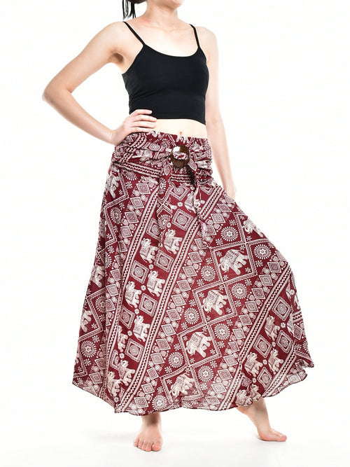 Bohotusk Red Elephant Print Long Skirt With Coconut Buckle (&