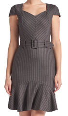 Chelsea Dress - Cap sleeve pinstripe dress with self belt and ruffle