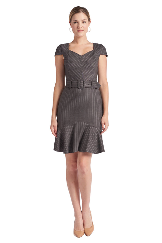 Chelsea Dress - Cap sleeve pinstripe dress with self belt and ruffle