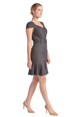 Chelsea Dress - Cap sleeve pinstripe dress with self belt and ruffle