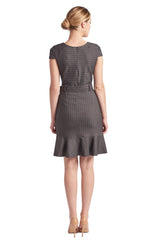 Chelsea Dress - Cap sleeve pinstripe dress with self belt and ruffle