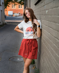 Coconut button Stripe Woven Skirt With Belt in Rust