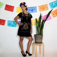 Black Mexican Dress with Multicolored Flowers.