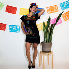 Black Mexican Dress with Multicolored Flowers.