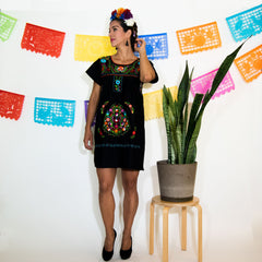 Black Mexican Dress with Multicolored Flowers.