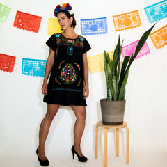 Black Mexican Dress with Multicolored Flowers.