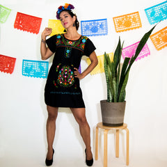 Black Mexican Dress with Multicolored Flowers.