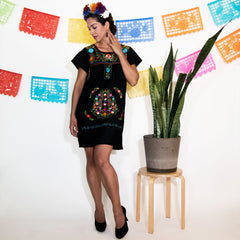 Black Mexican Dress with Multicolored Flowers.