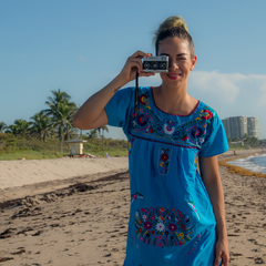 Blue Vintage Dress with Hand embroidered Flowers