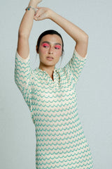 Light Weight Short Sleeve Button Up Cotton Knit Tennis Dress Green