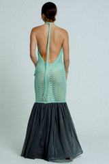 Open Back Cotton Crochet Dress Green on Black