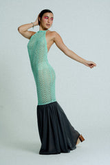 Open Back Cotton Crochet Dress Green on Black