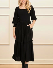 Madison Maxi Dress Tiered Elastic Black