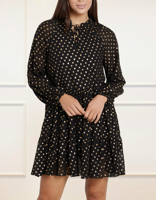 Louane Dress Tiered Tie Dot Gold Black