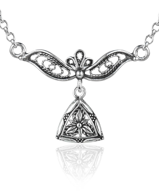 Filigree Art Triangle Lotus Design Women Silver Choker Necklace