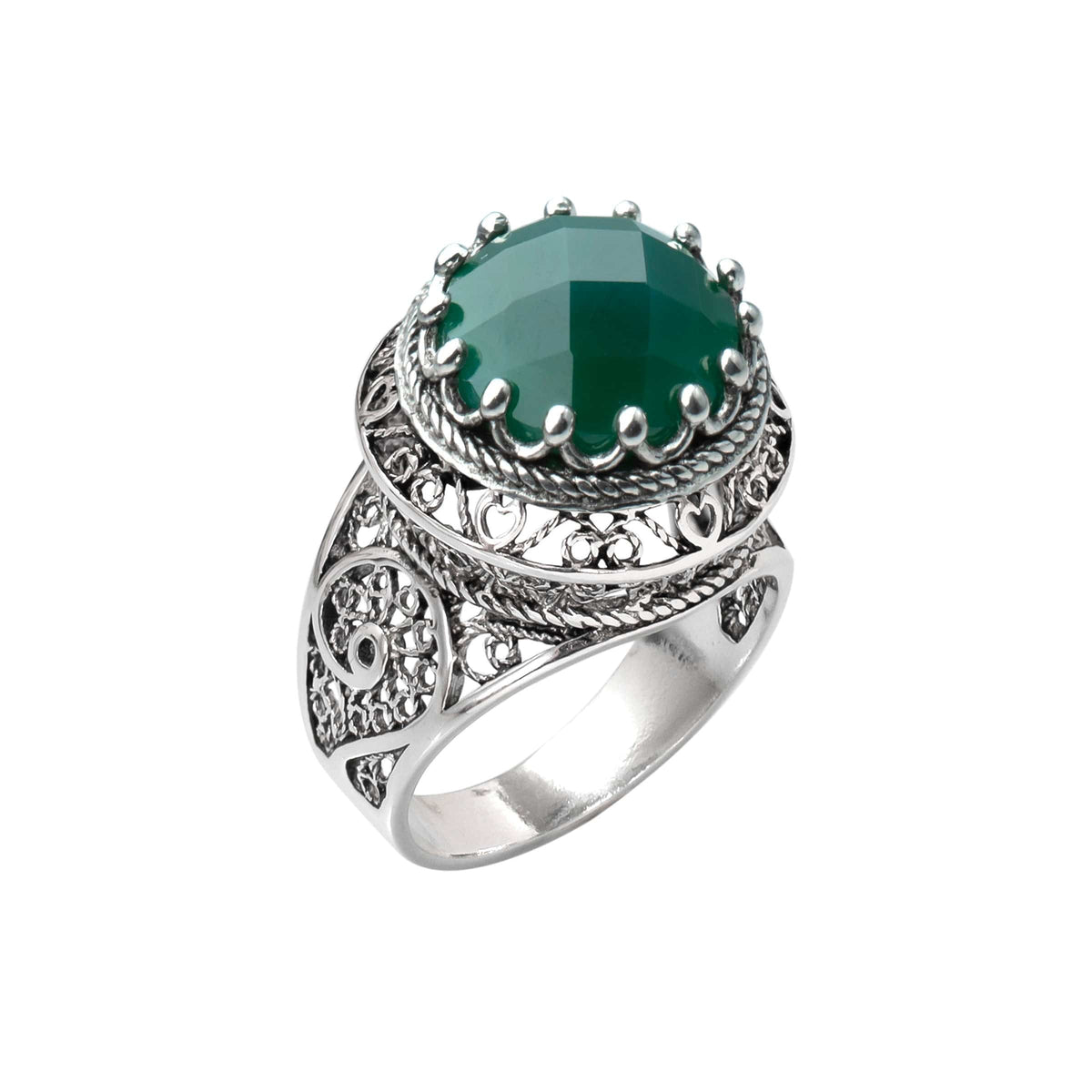 Filigree Art Green Agate Gemstone Woman Silver Statement Ring