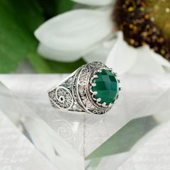 Filigree Art Green Agate Gemstone Woman Silver Statement Ring