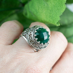 Filigree Art Green Agate Gemstone Woman Silver Statement Ring