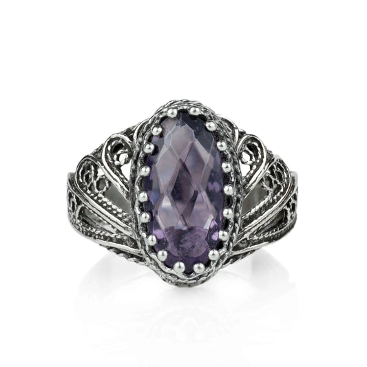 Filigree Art Amethyst Gemstone Angel Design Women Silver Cocktail Ring