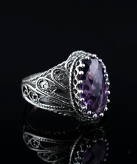 Filigree Art Amethyst Gemstone Angel Design Women Silver Cocktail Ring