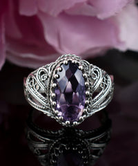 Filigree Art Amethyst Gemstone Angel Design Women Silver Cocktail Ring