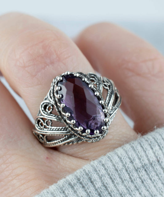 Filigree Art Amethyst Gemstone Angel Design Women Silver Cocktail Ring