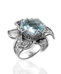 Lotus Flower Blue Topaz Gemstone Women Silver Statement Ring