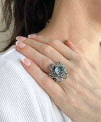 Lotus Flower Blue Topaz Gemstone Women Silver Statement Ring