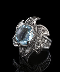 Lotus Flower Blue Topaz Gemstone Women Silver Statement Ring