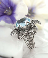 Lotus Flower Blue Topaz Gemstone Women Silver Statement Ring