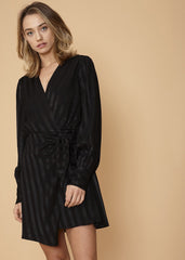 Stripe Satin Long Sleeve Mini Dress in Black